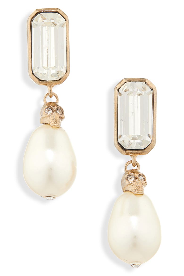 Crystal & Faux Pearl Skull Drop Earrings, Main, color, GOLD/PEARL