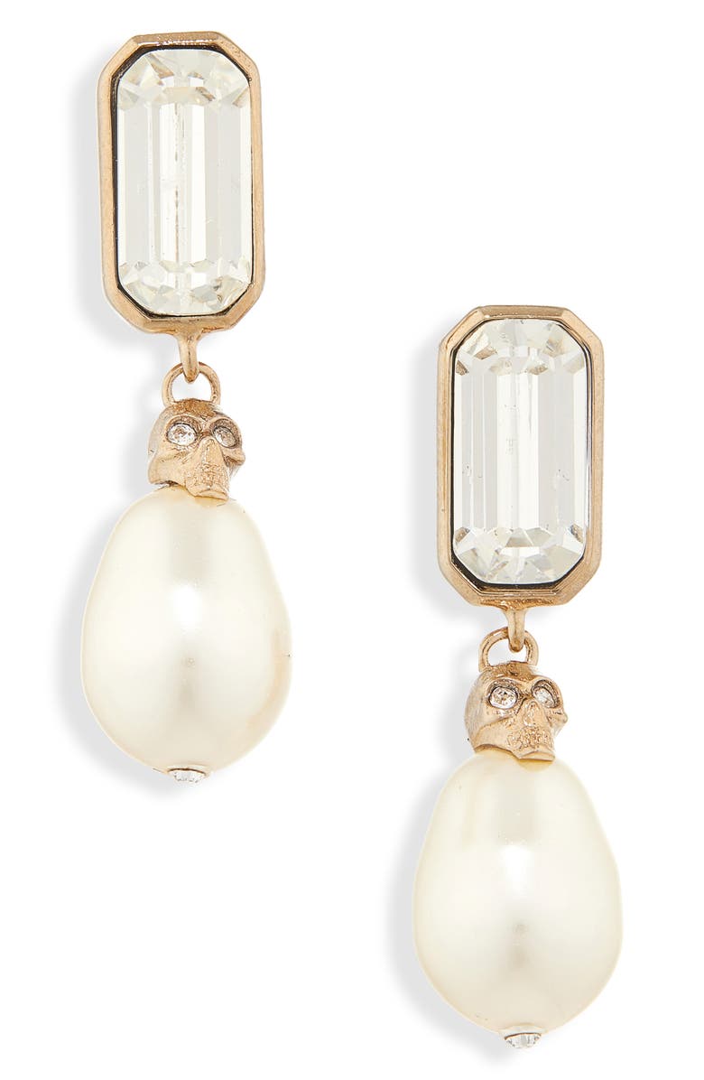 McQueen Crystal & Faux Pearl Skull Drop Earrings, Main, color, Gold/Pearl