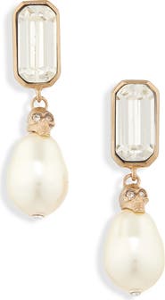 McQueen Crystal & Faux Pearl Skull Drop Earrings