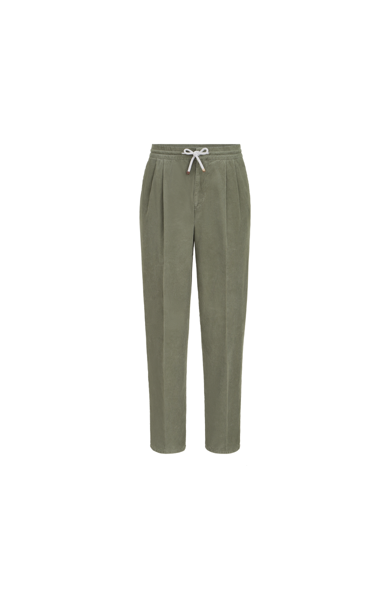 Brunello Cucinelli Garment-dyed trousers in cotton narrow wale corduroy with drawstring and double pleats, Alternate, color, Military