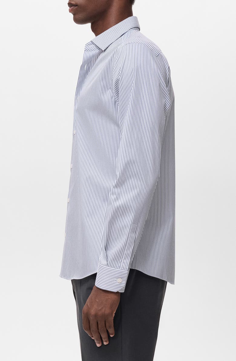 MANGO Regular Fit Stripe Stretch Cotton Blend Button-Up Shirt, Alternate, color, Navy