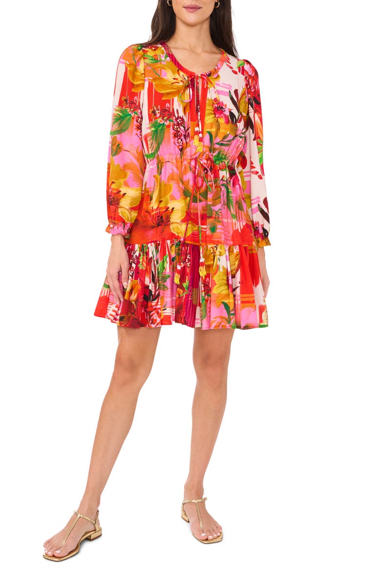 Floral Long Sleeve Minidress, Main, color, CREAM MULTI
