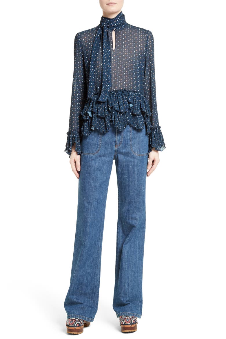 Tie Neck Ruffle Hem Blouse, Alternate, color, DARK NAVY