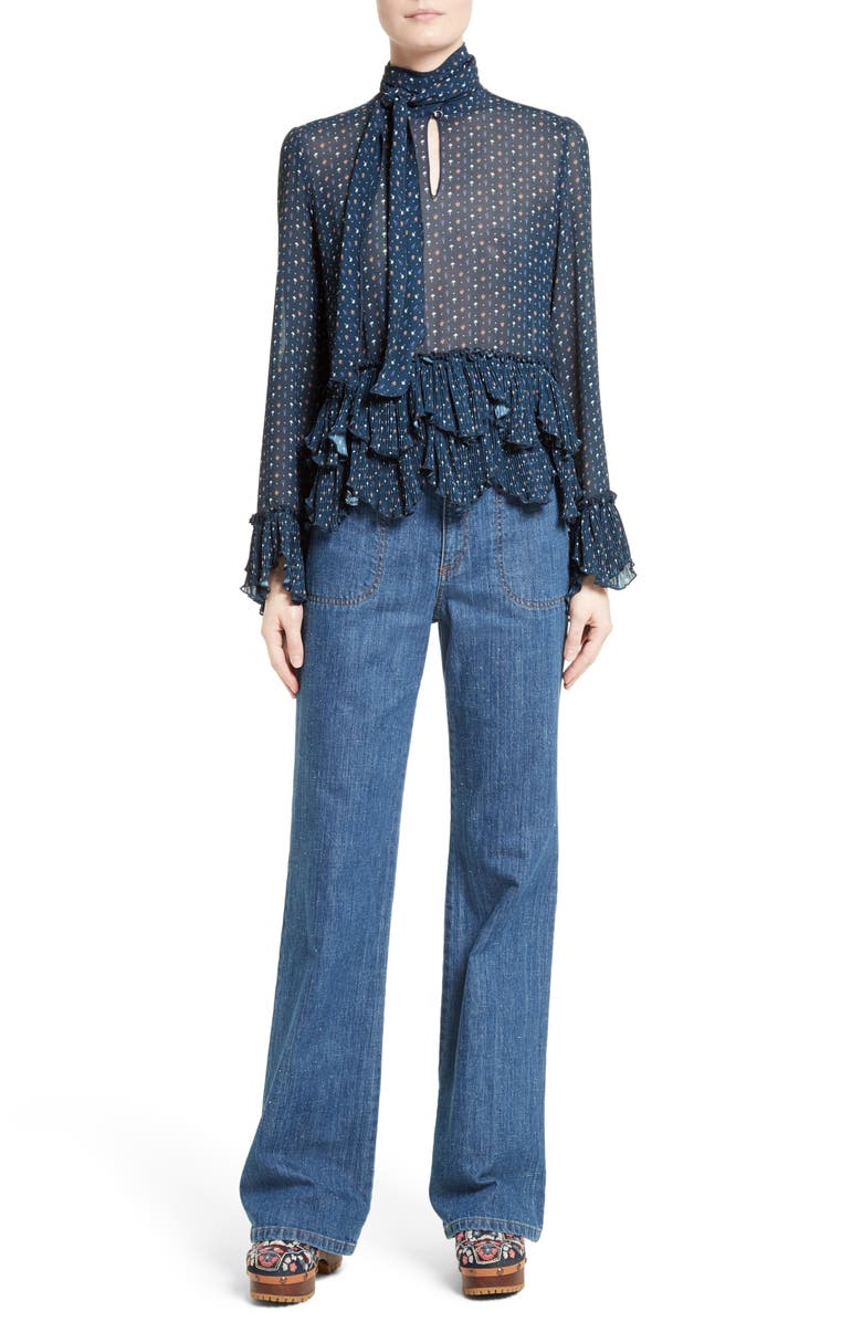 See by Chloé Tie Neck Ruffle Hem Blouse, Alternate, color,