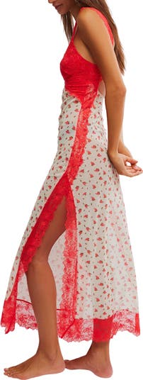 Suddenly Fine Floral Print Cutout Lace Trim Nightgown