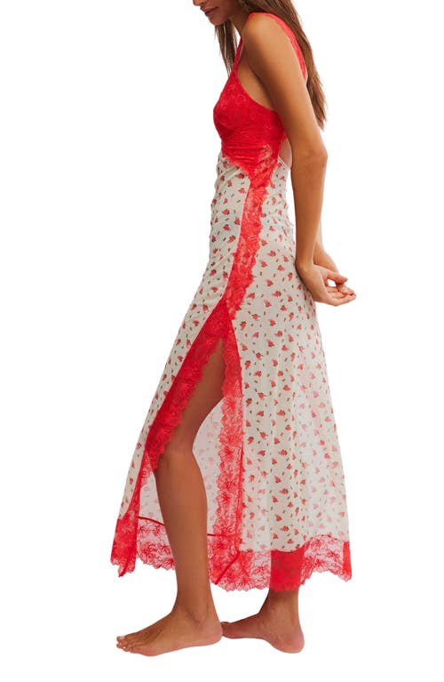 Free People Suddenly Fine Floral Print Cutout Lace Trim Nightgown In Tea Combo