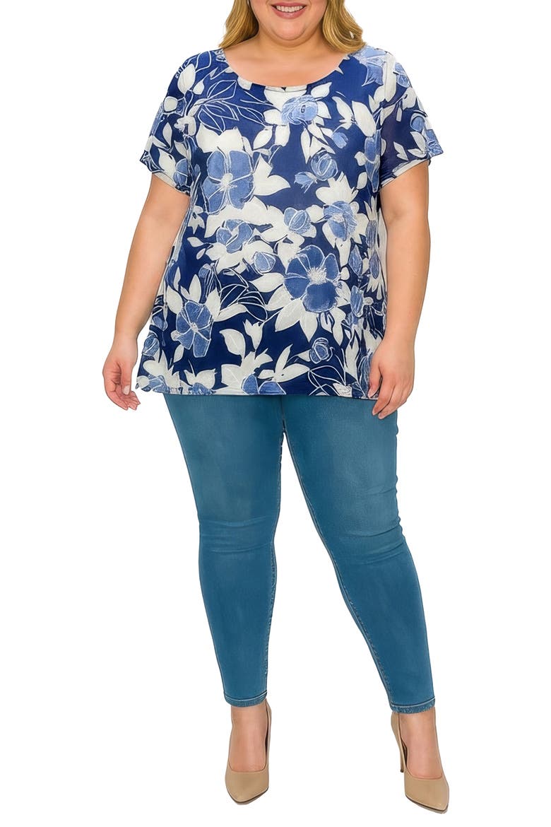 Textured Floral Print Top, Alternate, color, NAVY