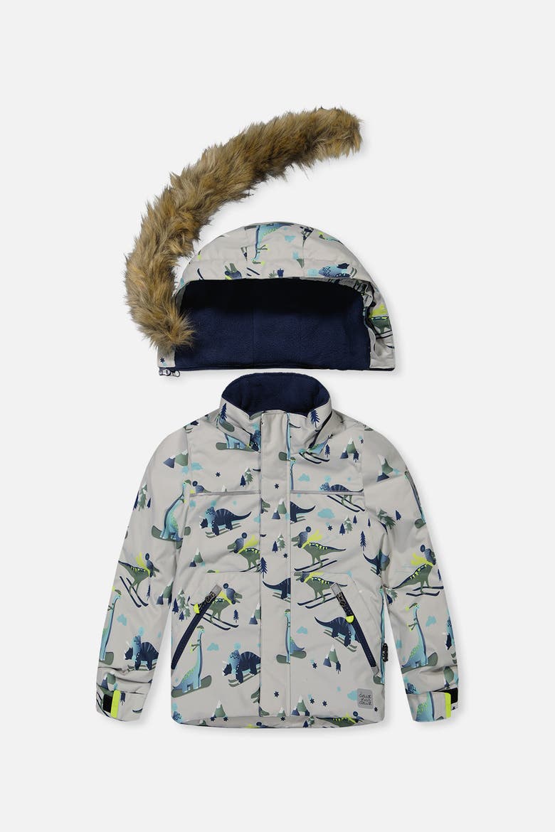 Skiing Dinosaur Discover Fleece Jacket Snow Pants Two Piece Snowsuit, Alternate, color, Grey Skiing Dinosaurs Print