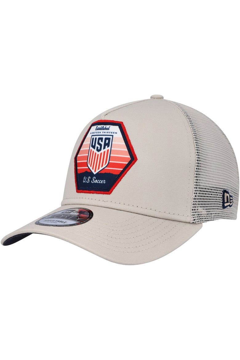Men's New Era Khaki USMNT Established Patch 9FORTY A-Frame Trucker Adjustable Hat, Main, color, Khaki