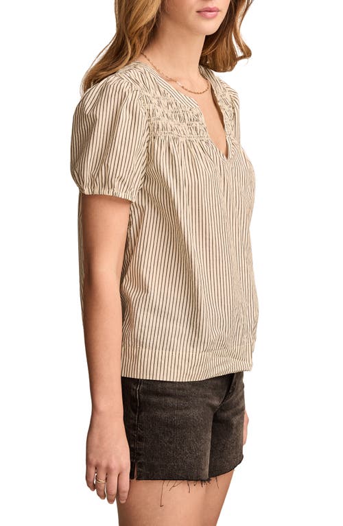 Lucky Brand Stripe Smocked Yoke Cotton Top In Beige/black Stripe