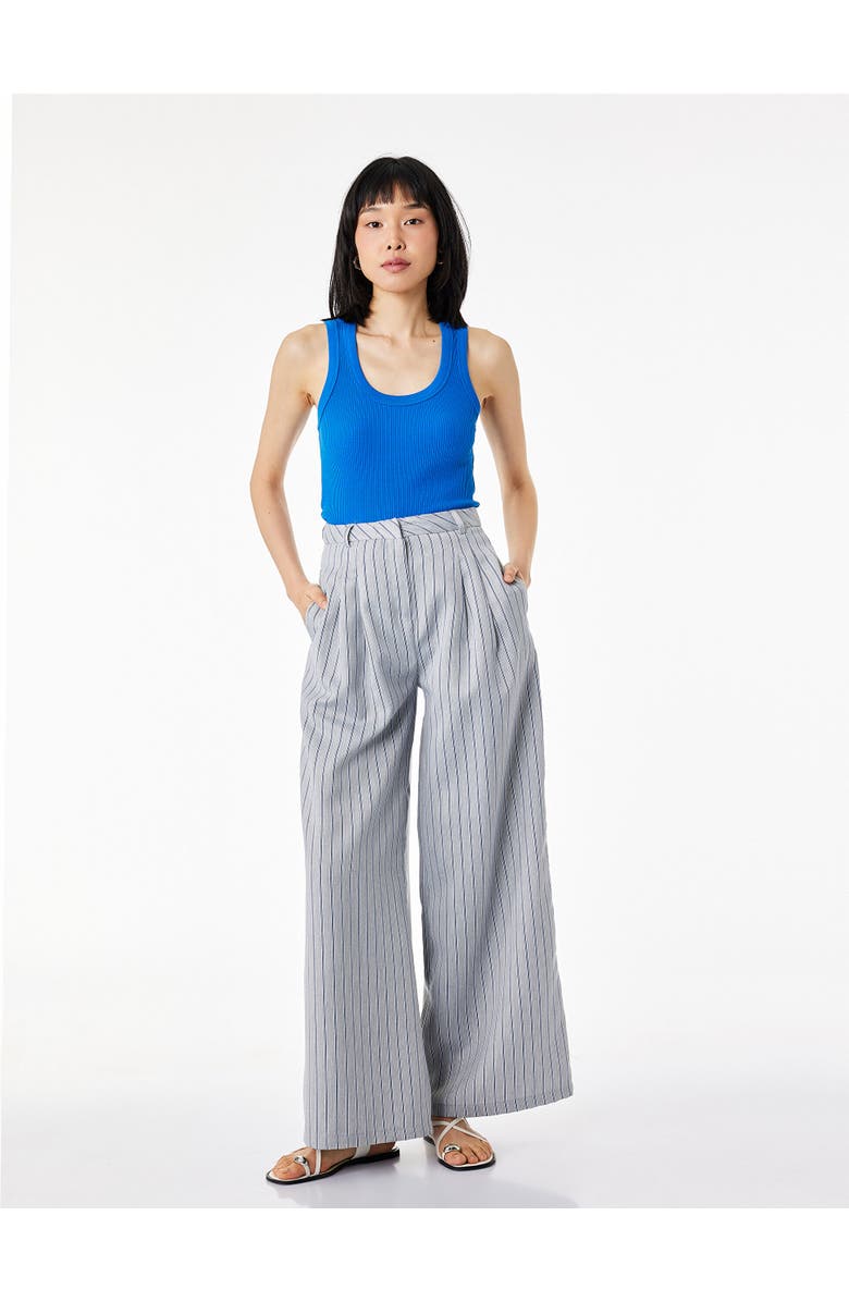 Koton Wide Leg Striped Mid-Rise Trousers, Alternate, color, Grey Stripe