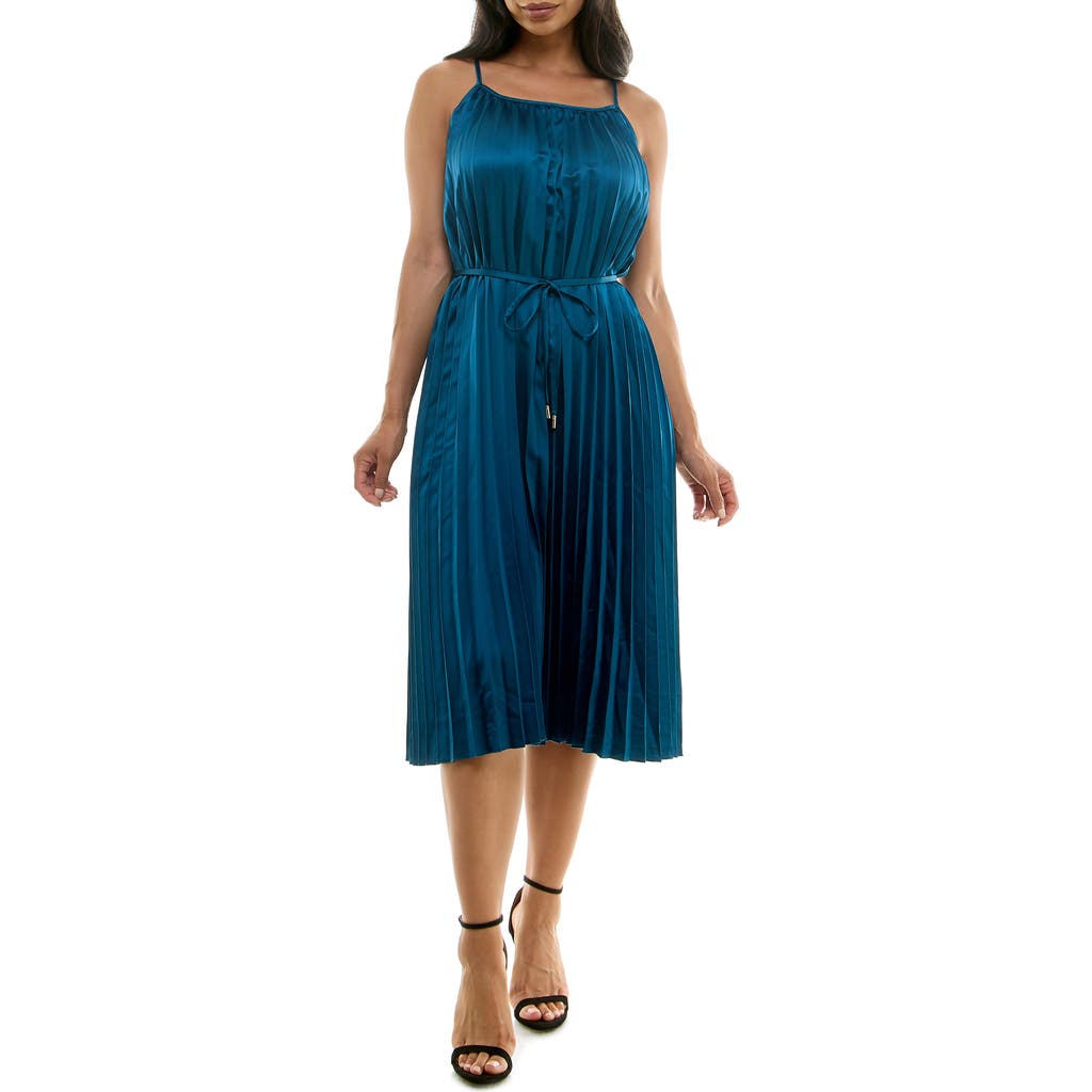 Nina Leonard Pleated Midi Dress In Teal