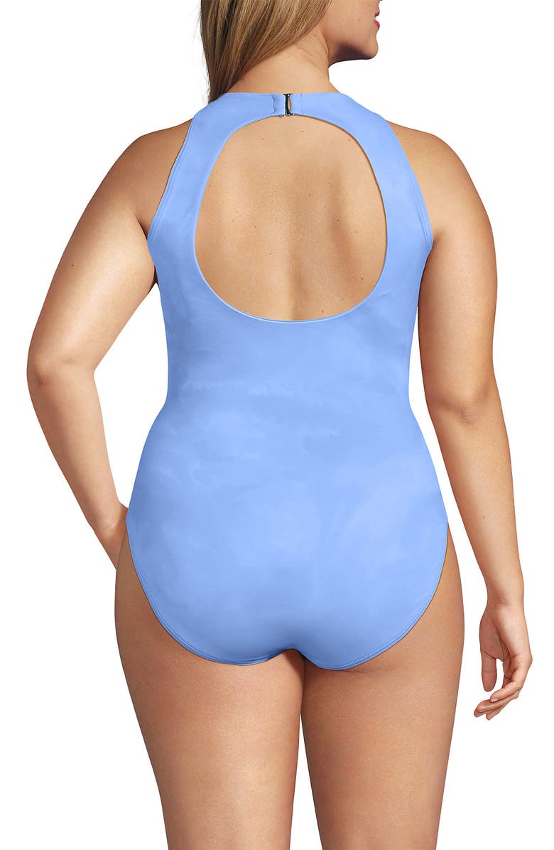 Lands
 End Tugless High Neck Portrait Back One Piece Swimsuit, Alternate, color, Blue Elegant Floral Placement