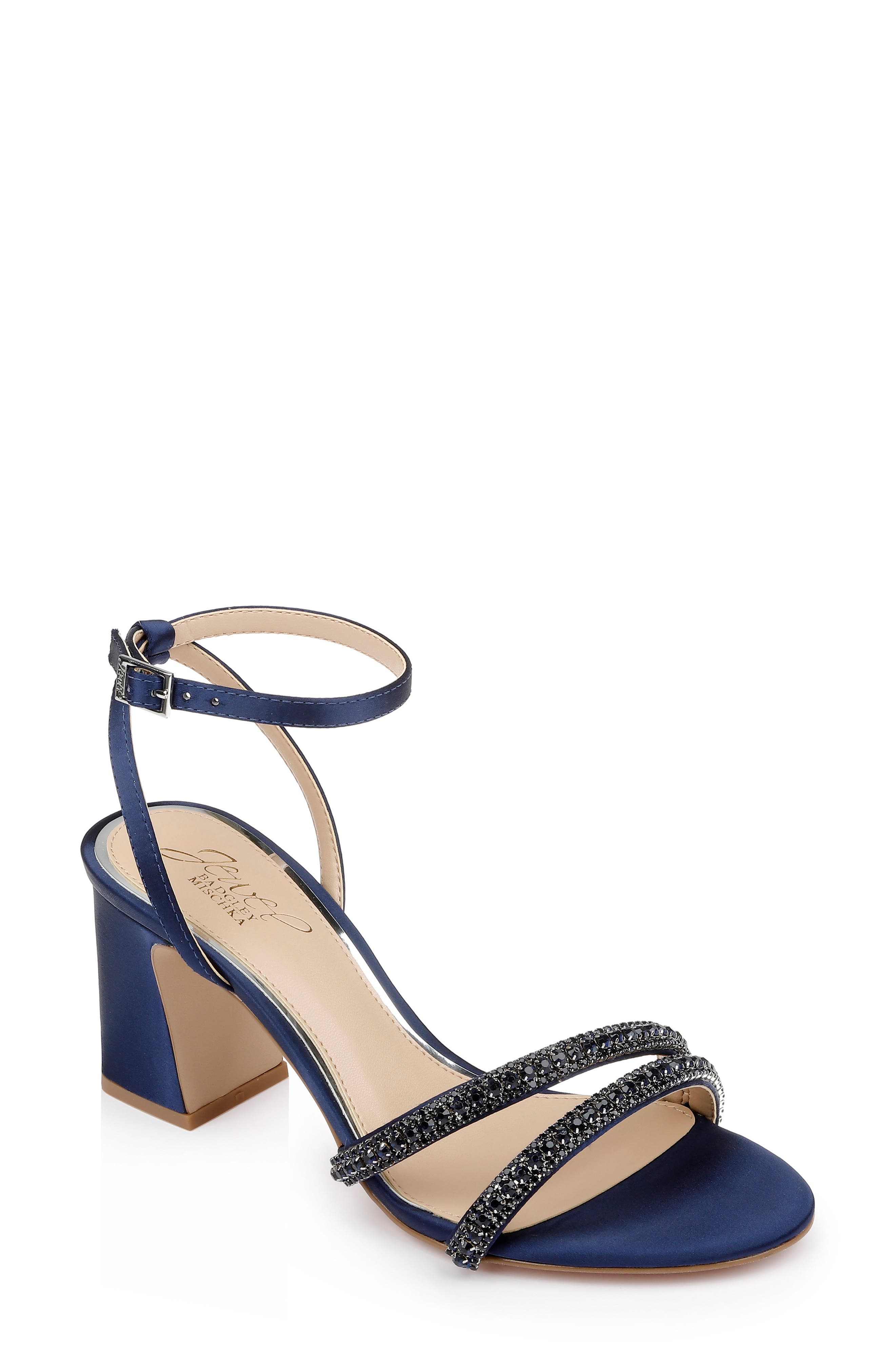 Jewel Badgley Mischka Rosa Ankle Strap Sandal, Main, color, Navy Satin