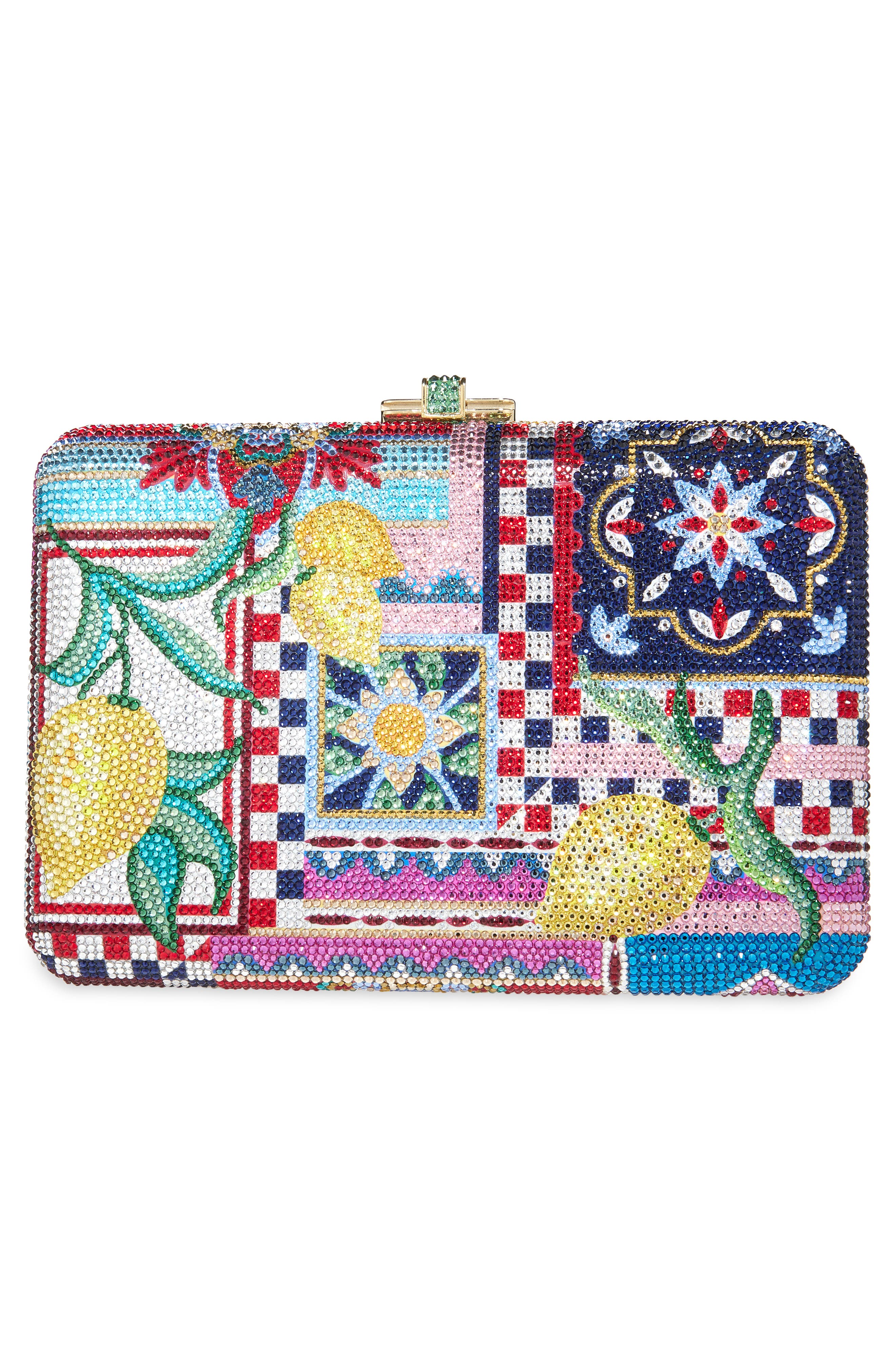 JUDITH LEIBER COUTURE Slim Slide Ceramica Crystal Embellished Clutch, Alternate, color, Champagne Dark Indigo Multi