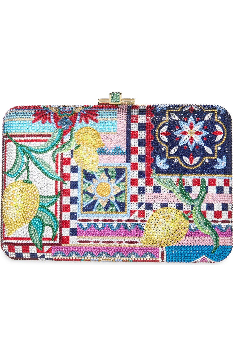 JUDITH LEIBER COUTURE Slim Slide Ceramica Crystal Embellished Clutch, Alternate, color, Champagne Dark Indigo Multi