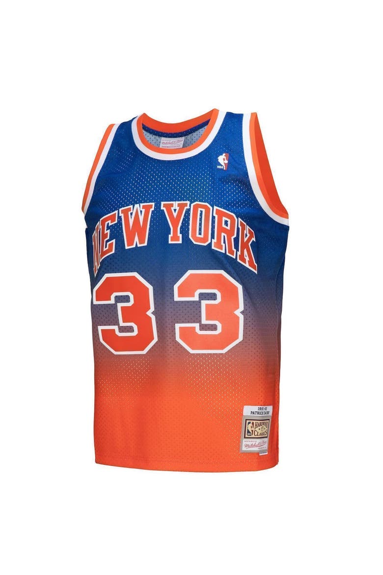 Men's Mitchell & Ness Patrick Ewing Orange/Royal New York Knicks 1991/92 Hardwood Classics Fadeaway Swingman Player Jersey, Alternate, color, Orange