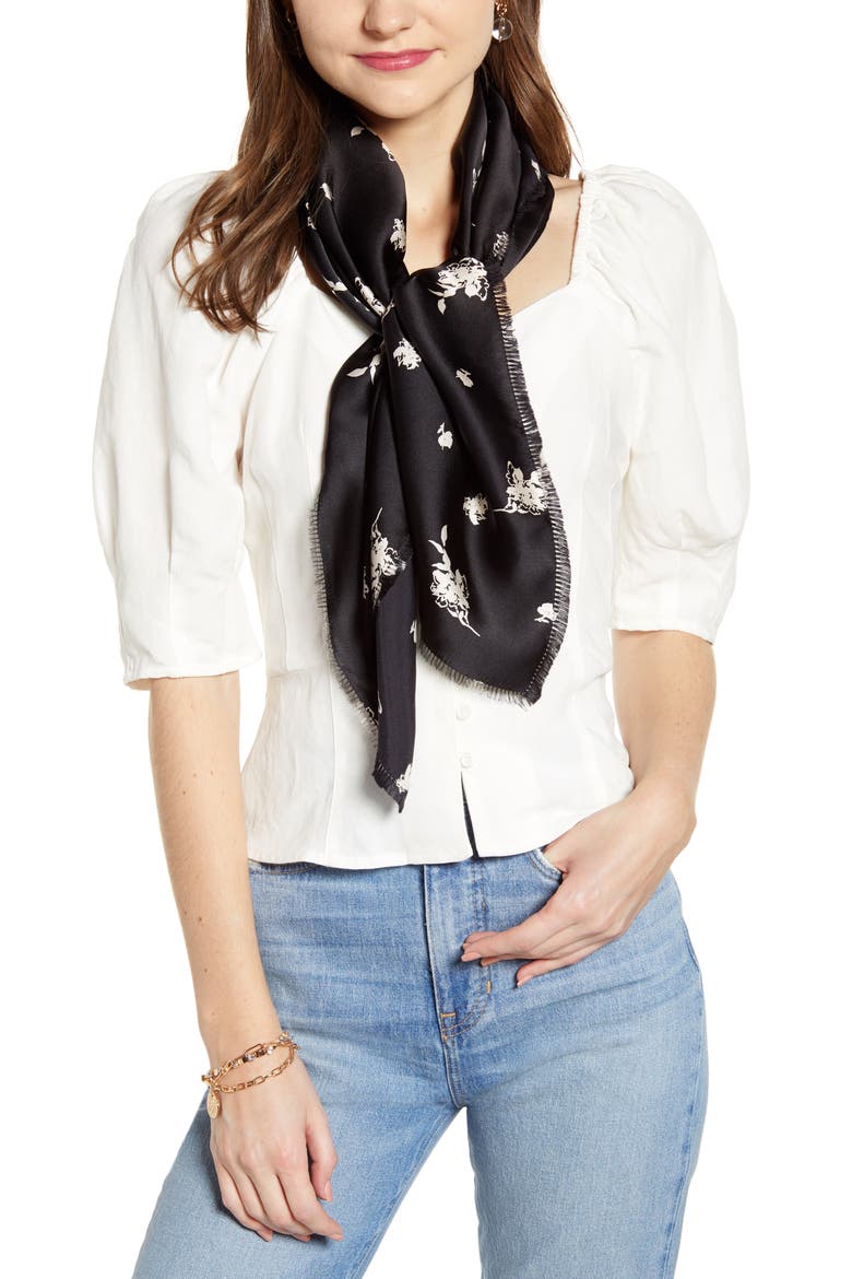 Floral Print Square Silk Scarf (Nordstrom Exclusive), Main, color, BLACK ETCH FLOWERS