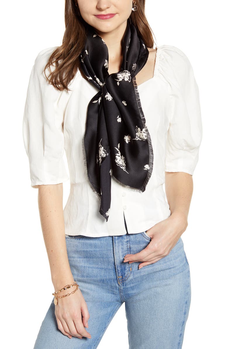 Something Navy Floral Print Square Silk Scarf, Main, color,