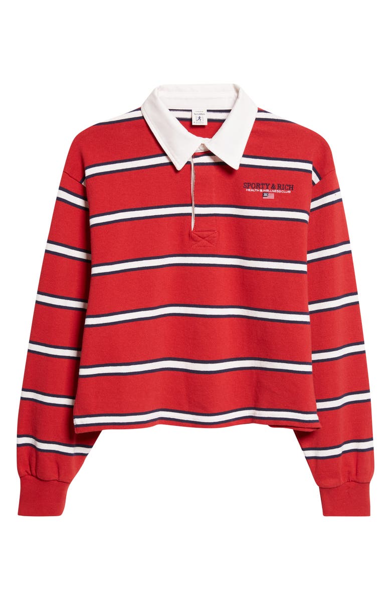 Sporty & Rich Nautical Embroidered Stripe Crop Rugby Polo, Alternate, color, Ruby/ Dark Navy/ White