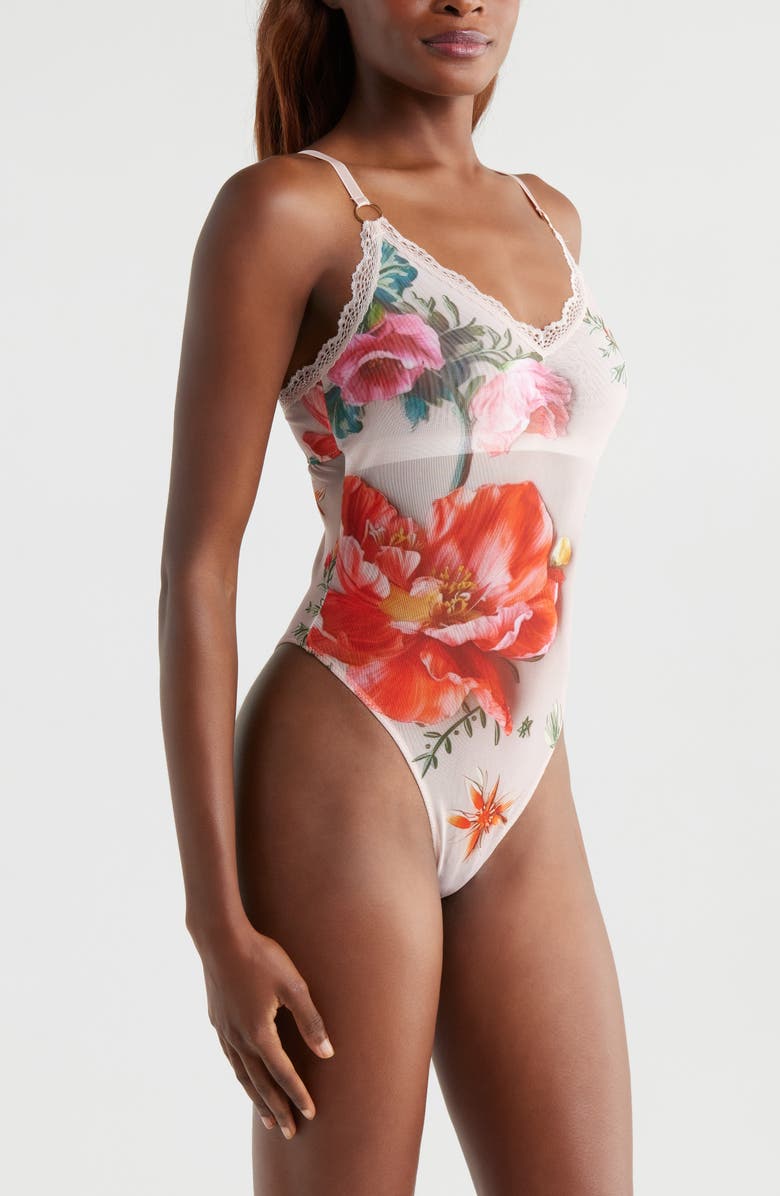 KILO BRAVA Placement Print Shelf Bra Bodysuit, Alternate, color, 3D Floral