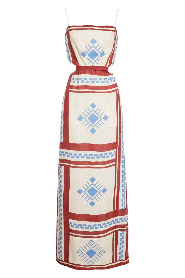 Kay Pacha Abstract Print Linen Maxi Dress, Alternate, color, CUZCO SAND/ WINE/ COBALT