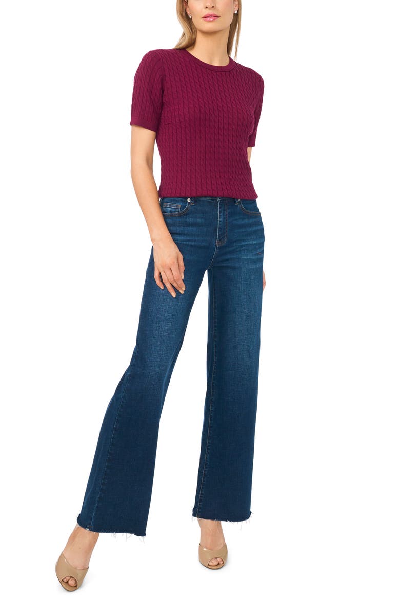 Cable Stitch Short Sleeve Crewneck Sweater, Alternate, color, PURE PLUM