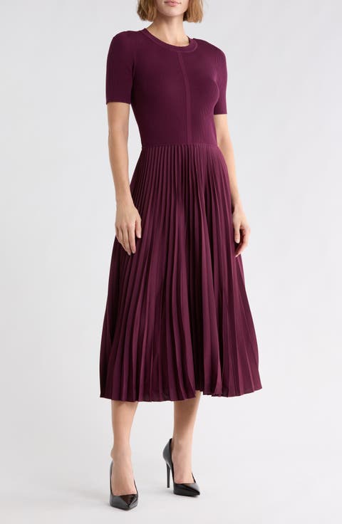 Pleated Ribbed Midi Dress