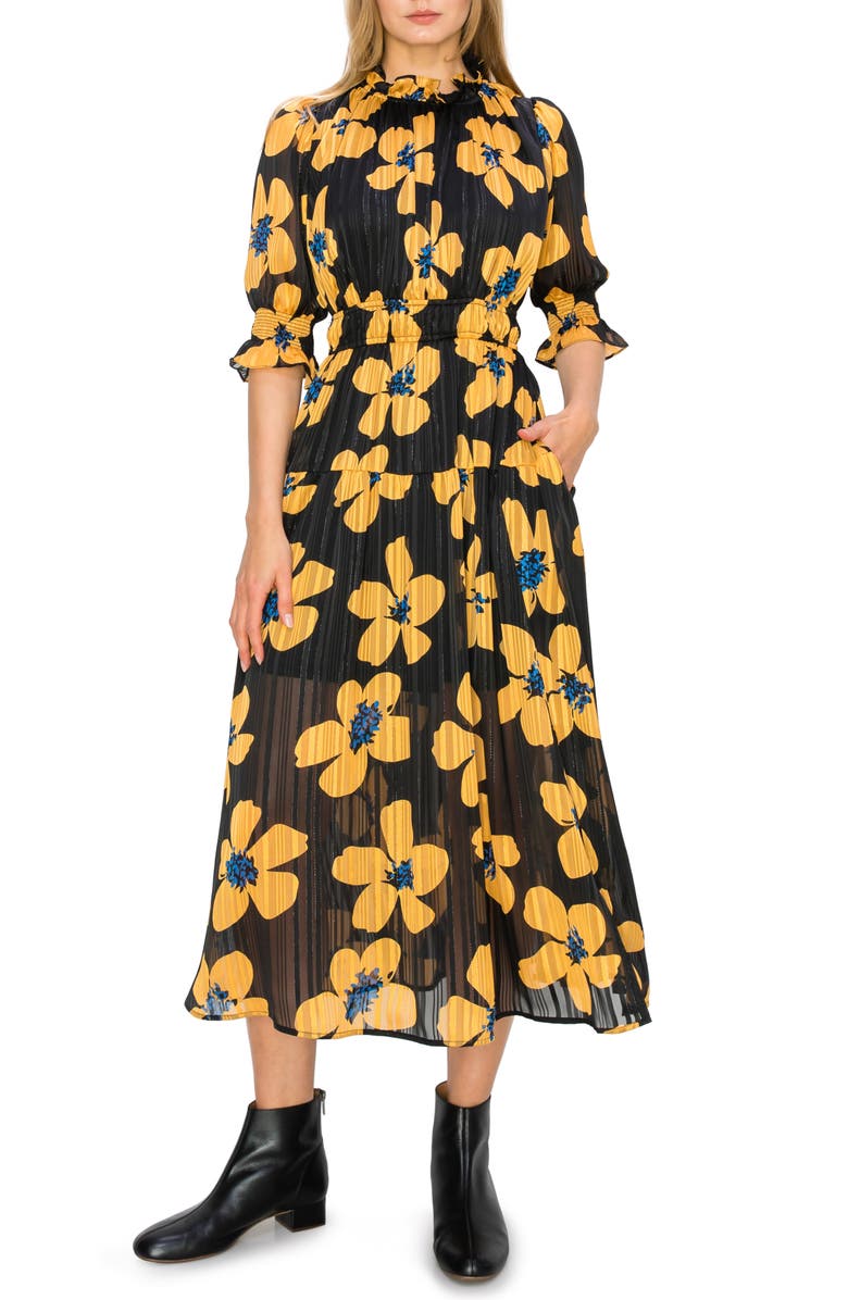 MELLODAY Floral Puff Sleeve Pleated Midi Dress, Alternate, color, 