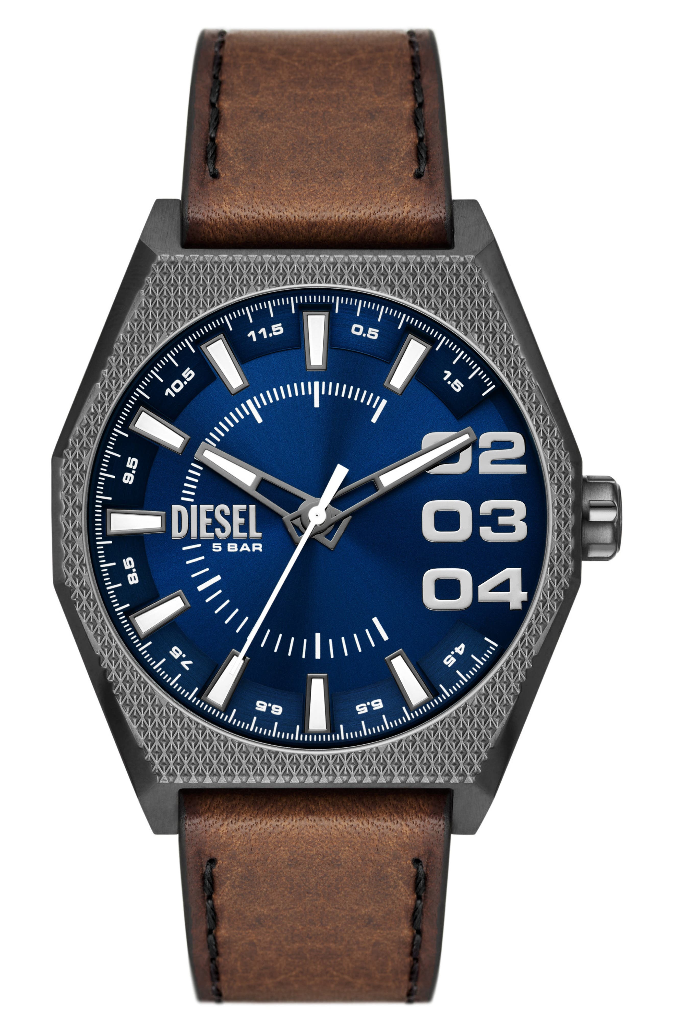DIESEL® Scraper Leather Strap Watch, 43mm