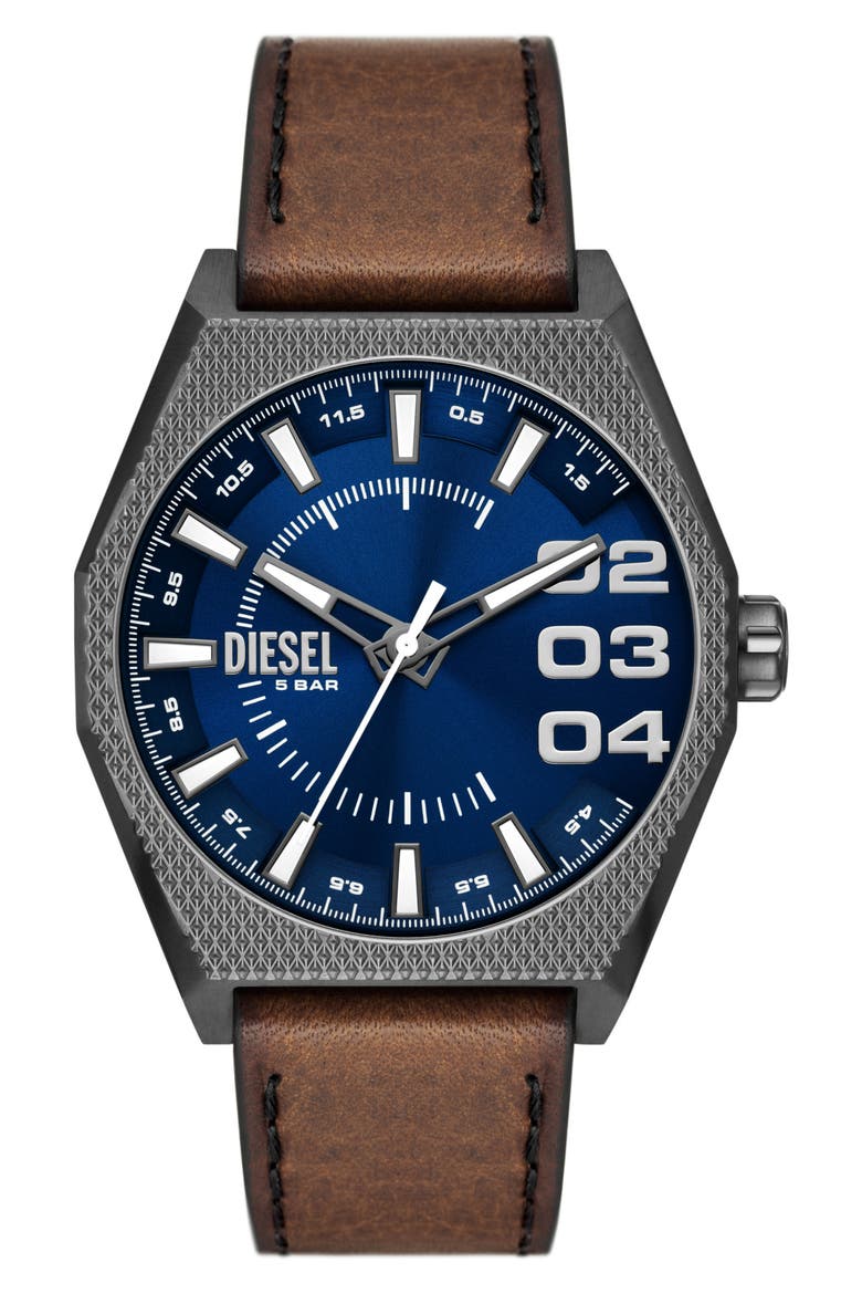 Scraper Leather Strap Watch, 43mm, Main, color, BLUE/ GUNMETAL