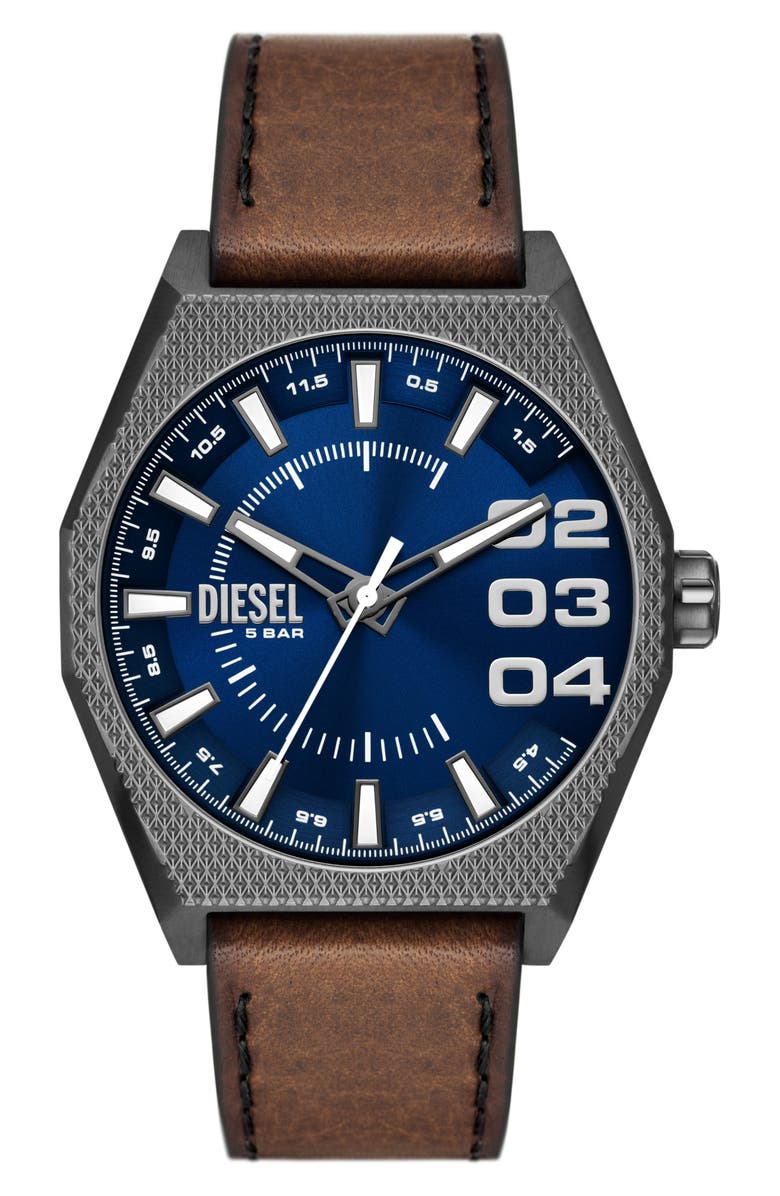 DIESEL<sup>®</sup> Scraper Leather Strap Watch, 43mm, Main, color, Blue/ Gunmetal