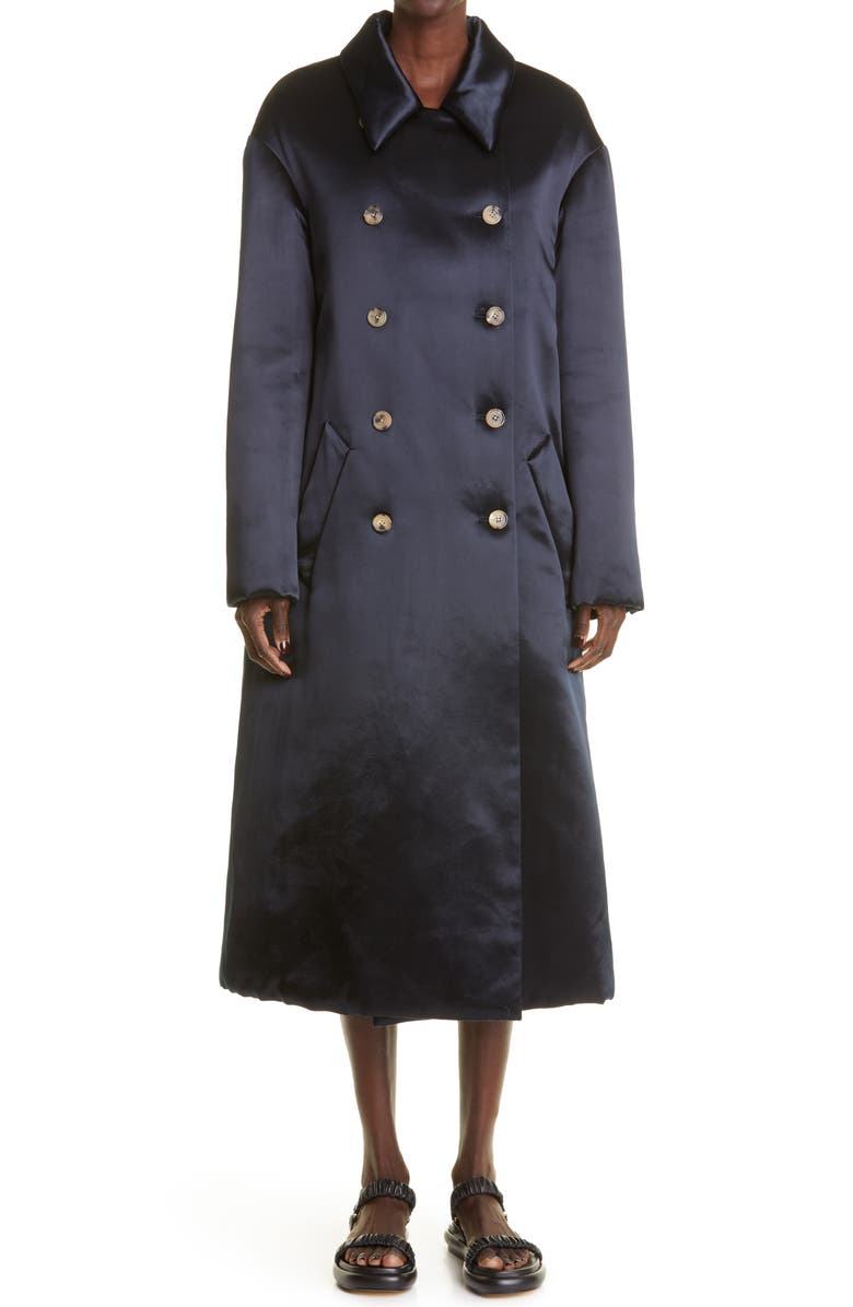 Khaite Luma Padded Longline Hammered Satin Coat, Main, color,