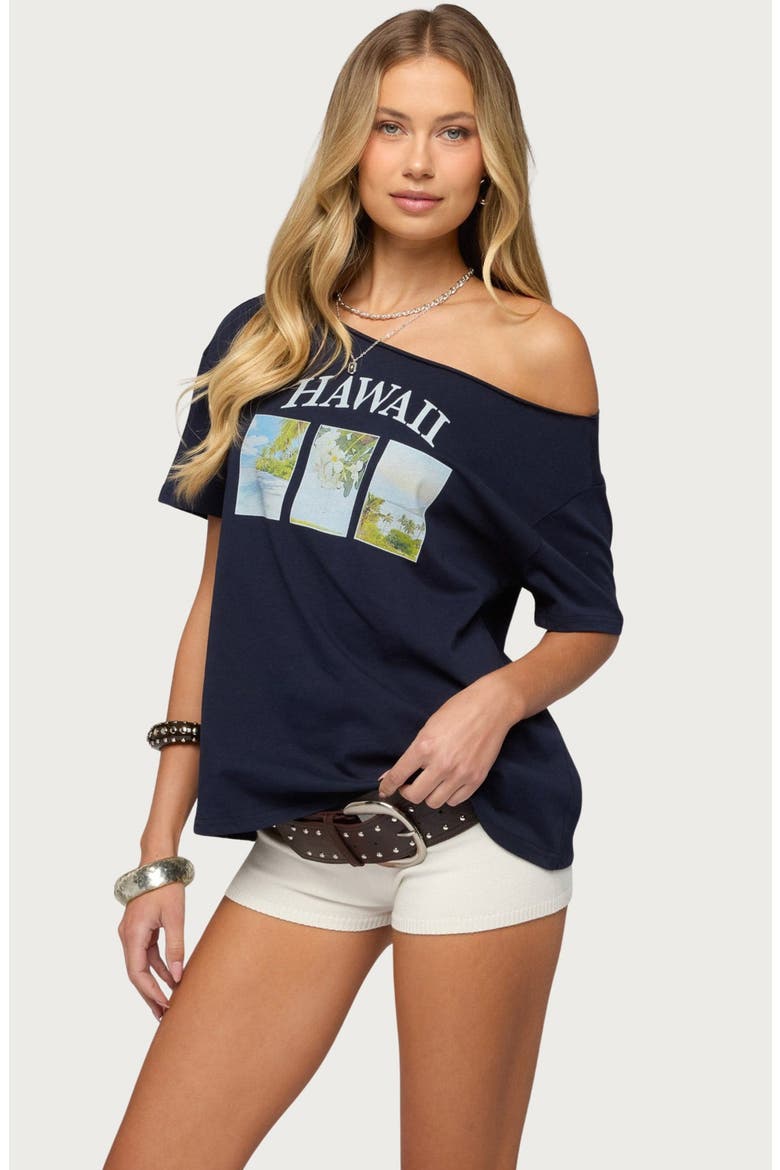 Hawaiian Babe Off the Shoulder Cotton Graphic T-Shirt, Alternate, color, NAVY