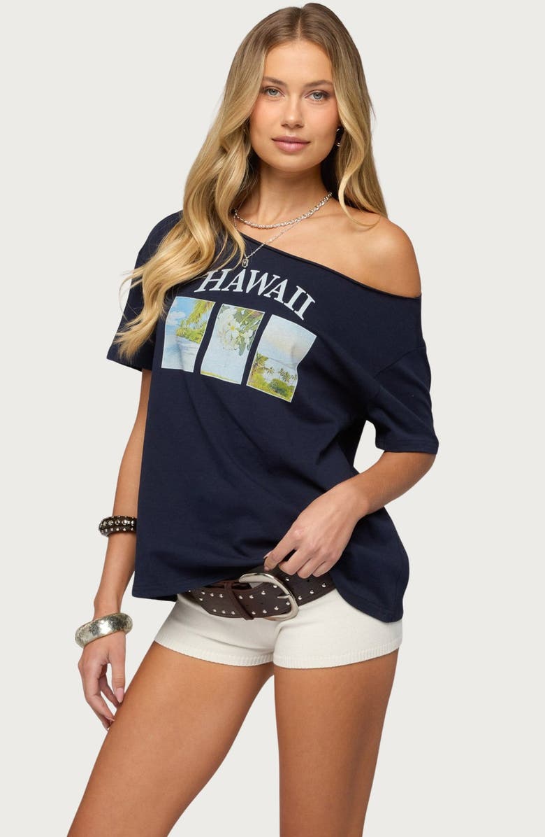 EDIKTED Hawaiian Babe Off the Shoulder Cotton Graphic T-Shirt, Alternate, color, Navy