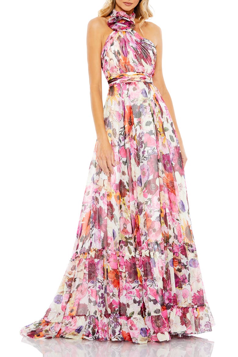Asymmetrical Ruffled Halter Floral Gown, Main, color, PINK/ WHITE MULTI