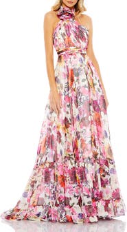 Mac Duggal Asymmetrical Ruffled Halter Floral Gown