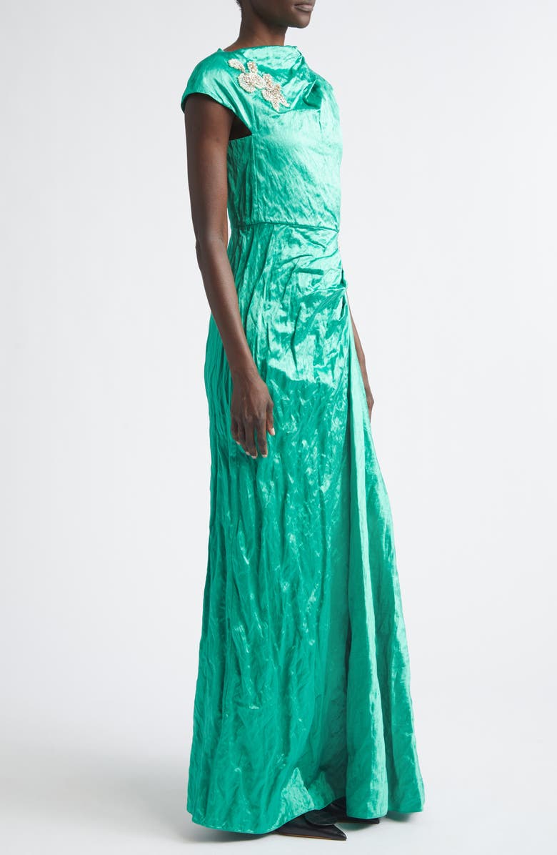 Erdem Embellished Asymmetric Crushed Satin Gown, Alternate, color, Sea Green