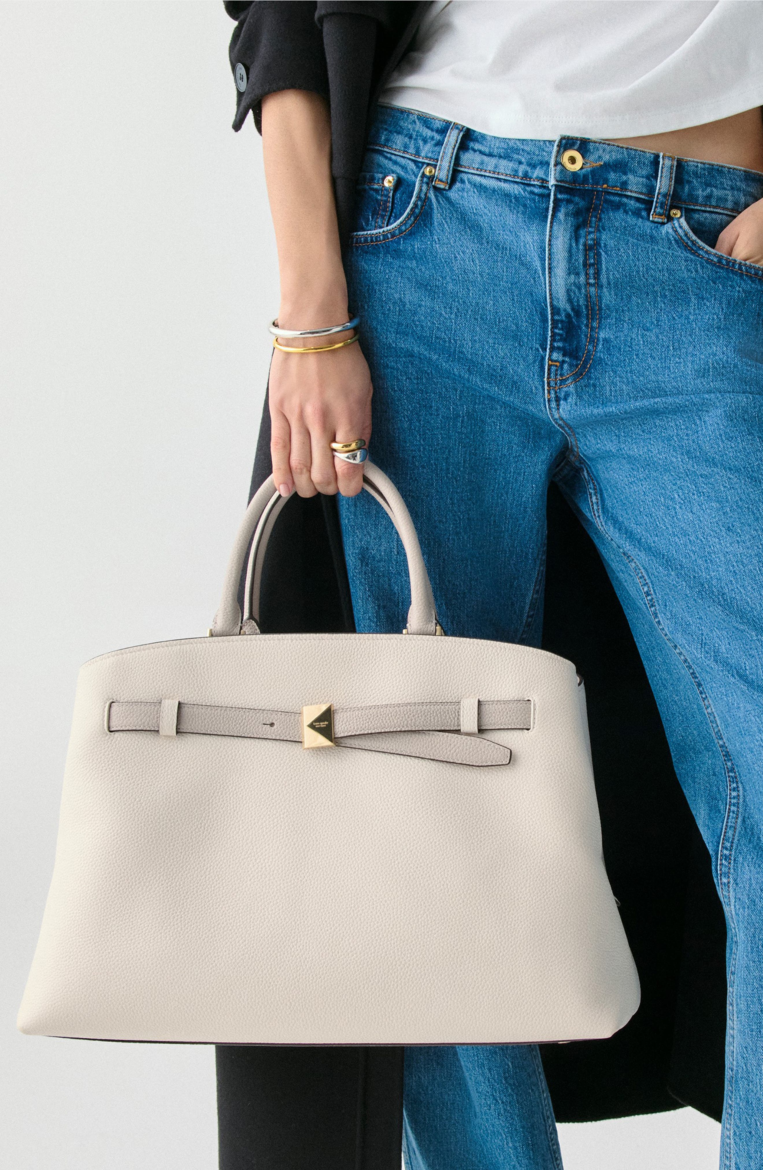 Kate Spade New York deco colorblock pebble leather satchel, Alternate, color, Cashew Milk Multi