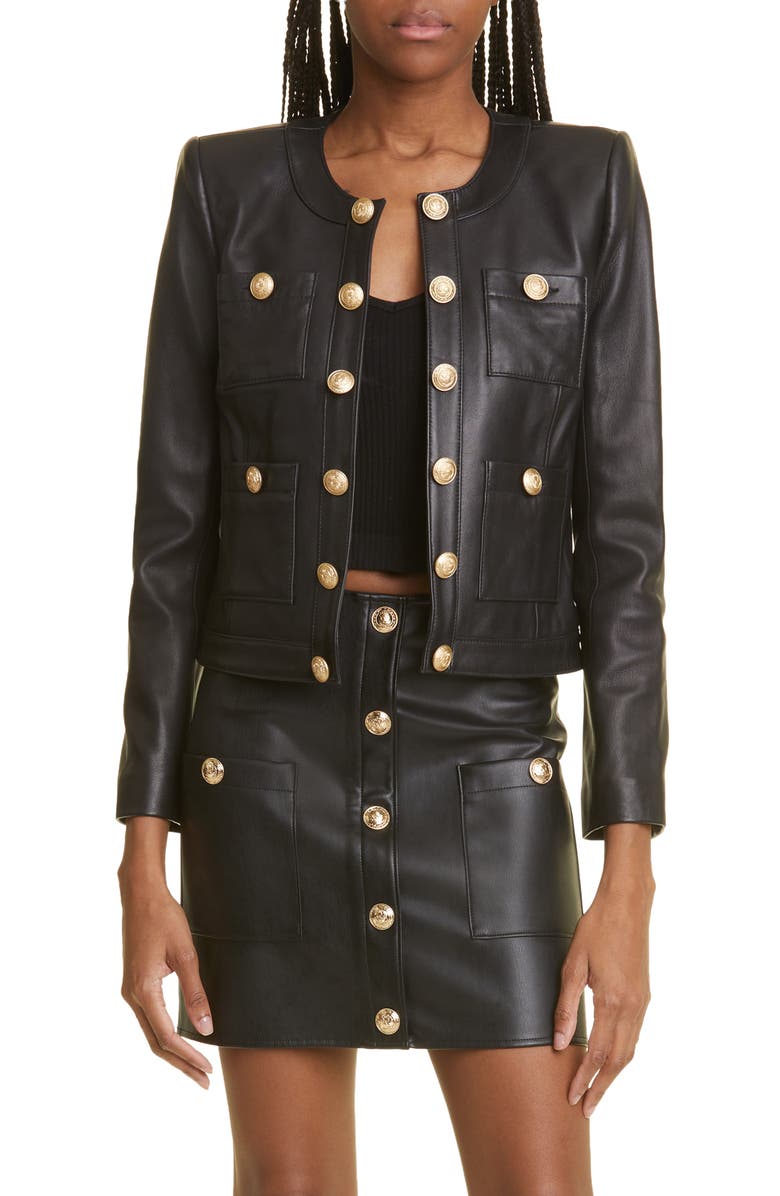 L'AGENCE Jayde Collarless Leather Jacket, Main, color, 