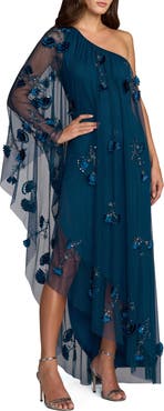 Mac Duggal One Shoulder Asymmetrical Flower Detail Net Gown