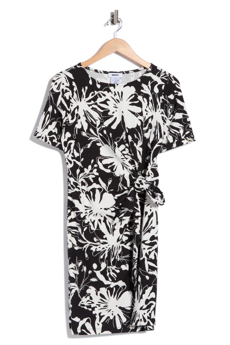 Floral Short Sleeve Faux Wrap Dress, Alternate, color, INK FLORAL- BLACK/ IVORY