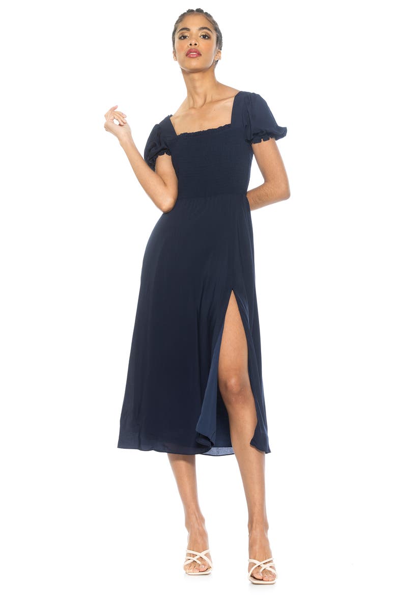 Iris Smocked Short Sleeve Midi Dress, Alternate, color, NAVY