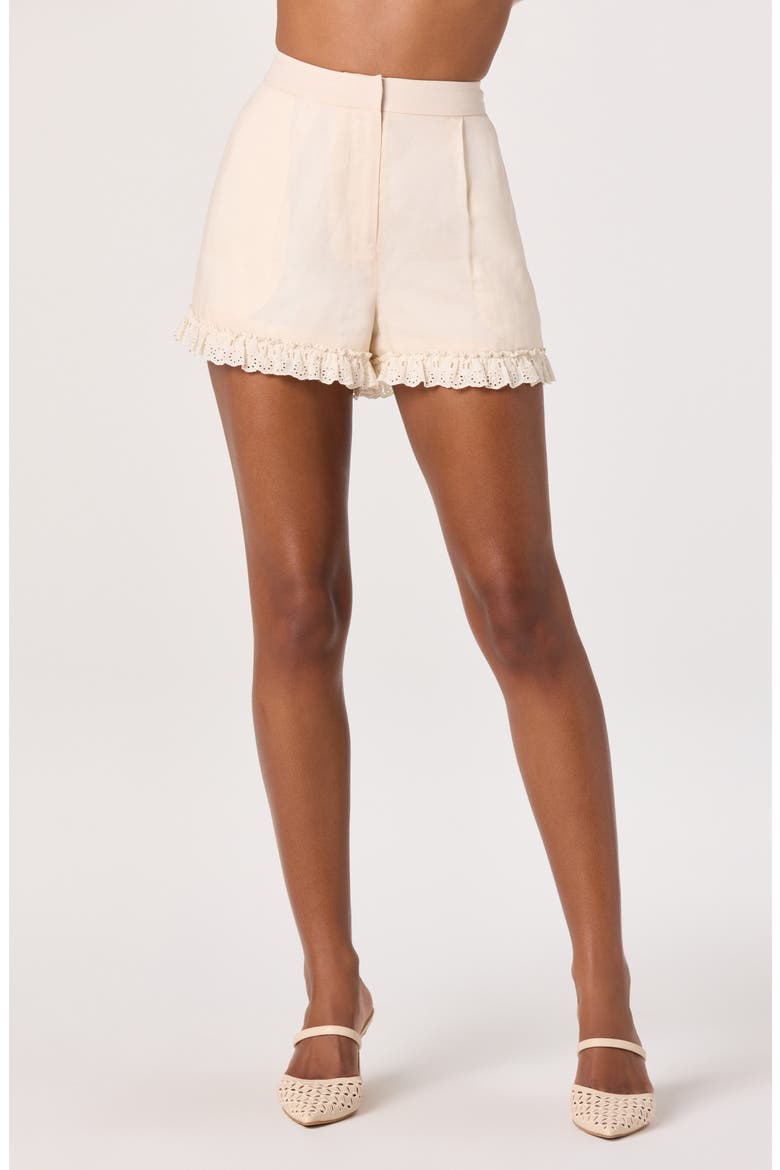 Nienna Eyelet Hem Linen Blend Shorts, Main, color, CREAM