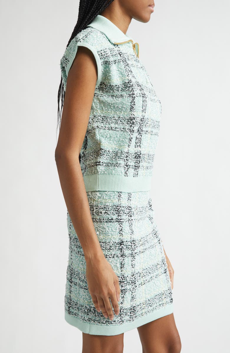 Balmain Tweed Zip Funnel Neck Sweater, Alternate, color, Ulm Pale Green/ Multi