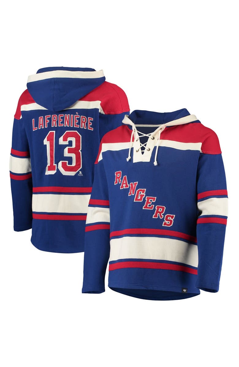 '47 Men's '47 Alexis Lafreniere Blue New York Rangers Player Name & Number Lacer Pullover Hoodie, Main, color, 