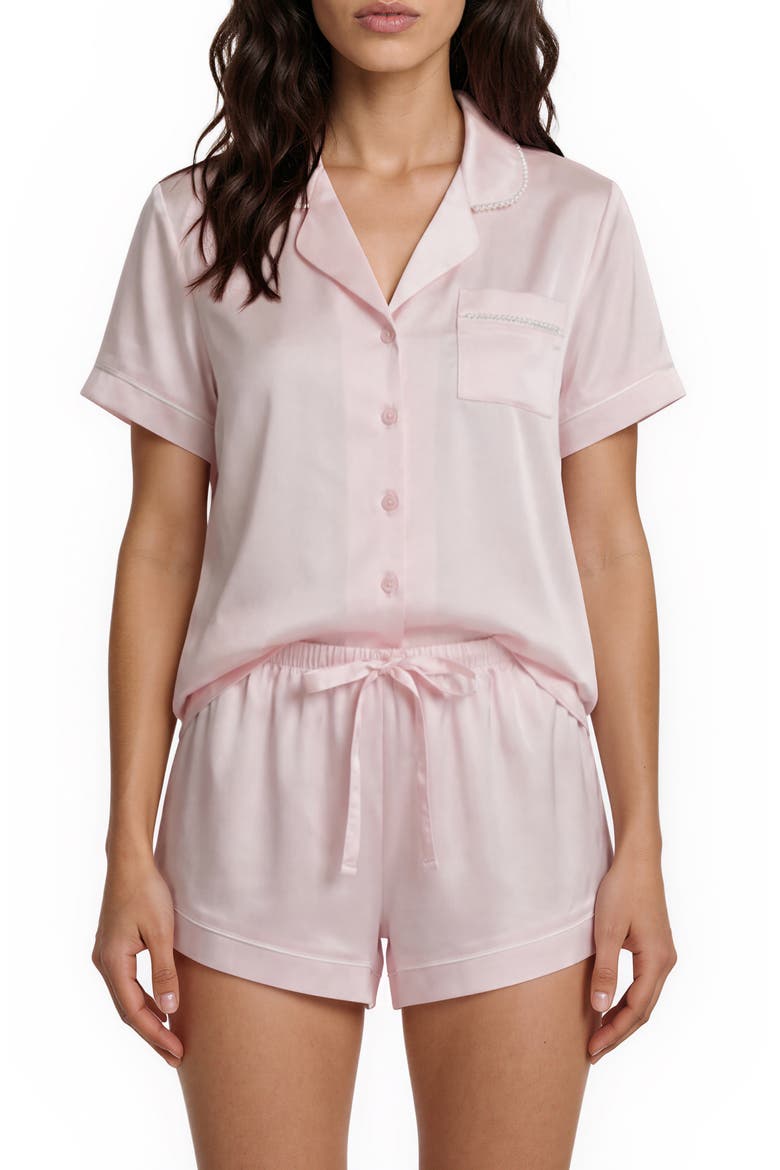Satin Short Pajamas with Faux Pearl Trim, Main, color, BLUSH