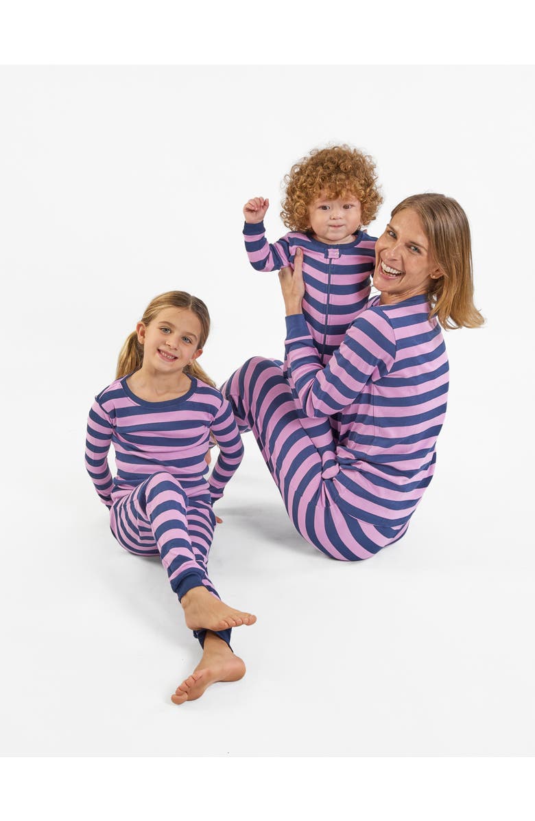 Leveret Kids Footed Striped Cotton Matching Family Pajamas, Alternate, color, Purple & Navy