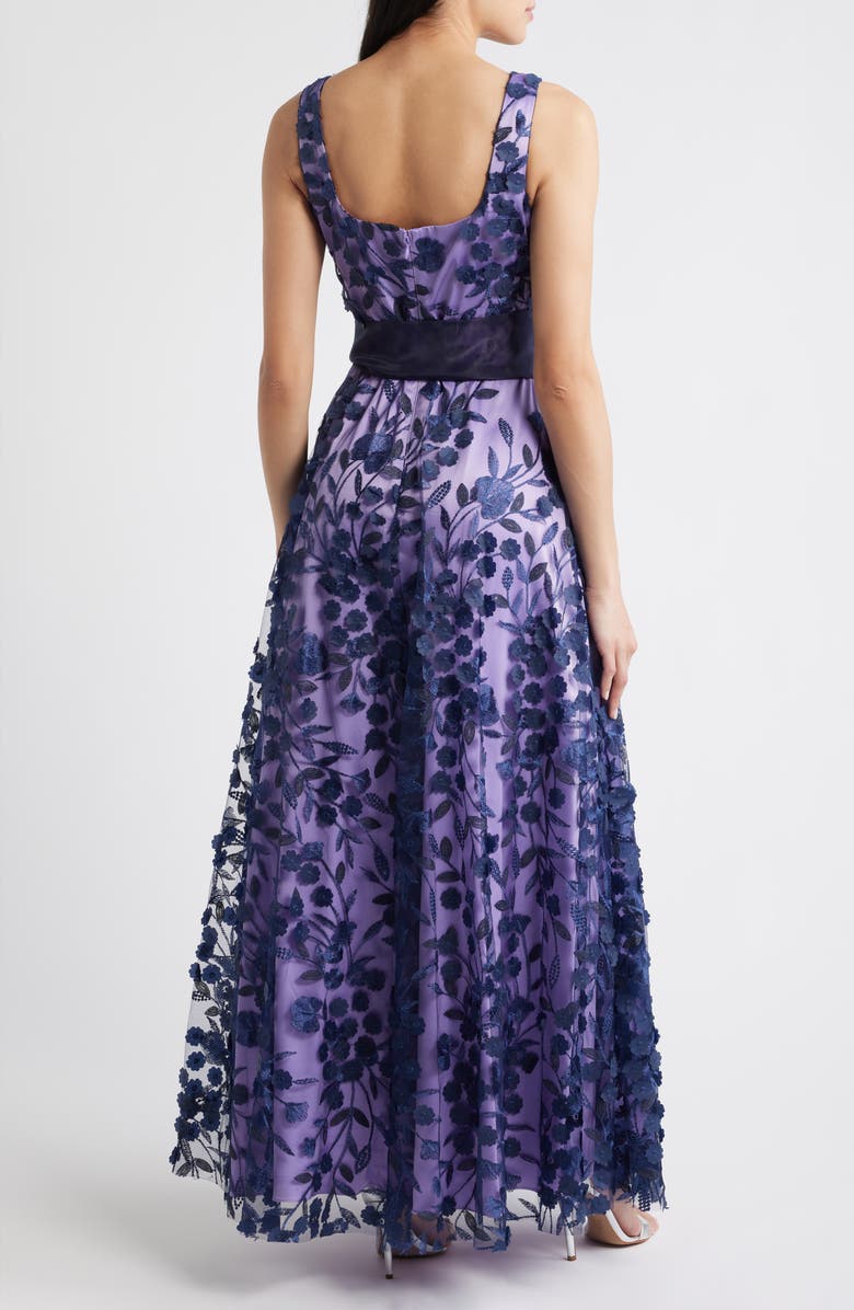Eliza J Embroidered Floral Illusion Ballgown, Alternate, color, Navy Lilac