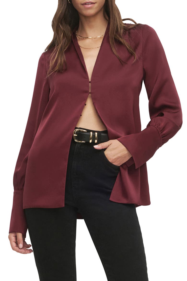 The Izzy Fluted Sleeve Satin Shirt, Main, color, VINO